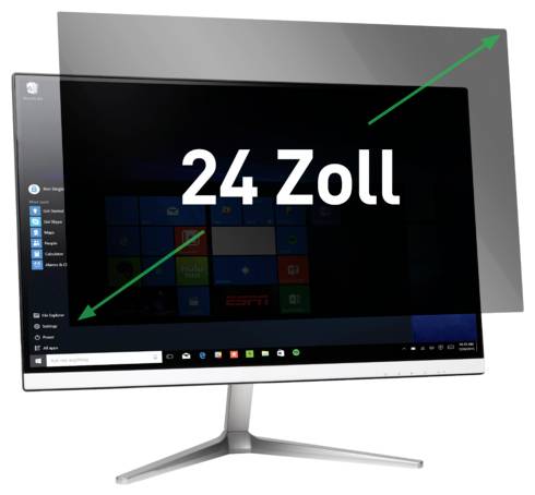 Un moniteur de bureau affichant « 24 pouces » avec des flèches indiquant la taille de l'écran, présenté sur un pied contre un fond blanc.
