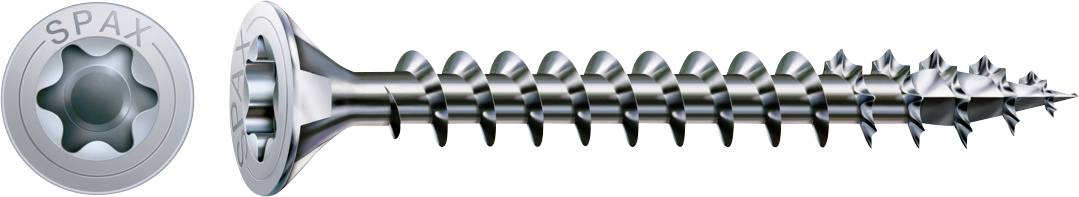 Une vis à bois à tête Torx argentée montrée en vue de côté, avec une icône de tête de embout Torx correspondante sur la gauche.