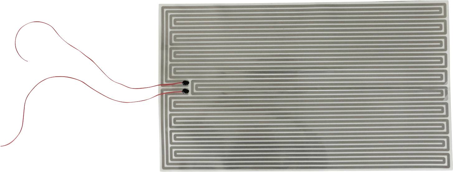 Tapis chauffant rectangulaire avec une piste conductrice en serpentin; deux fils rouges se connectent au bord gauche.
