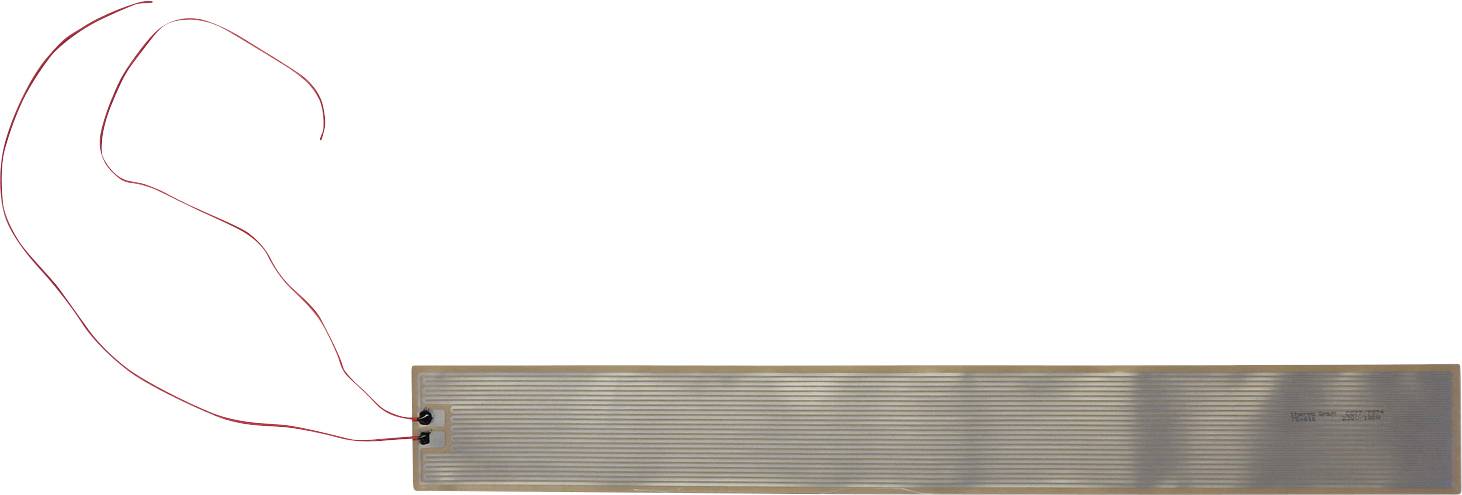 Plaque métallique rectangulaire allongée sur un fond blanc, avec un contour tracé à la main en rouge d'une forme de feuille courbe ou de flamme pointant vers son extrémité gauche.
