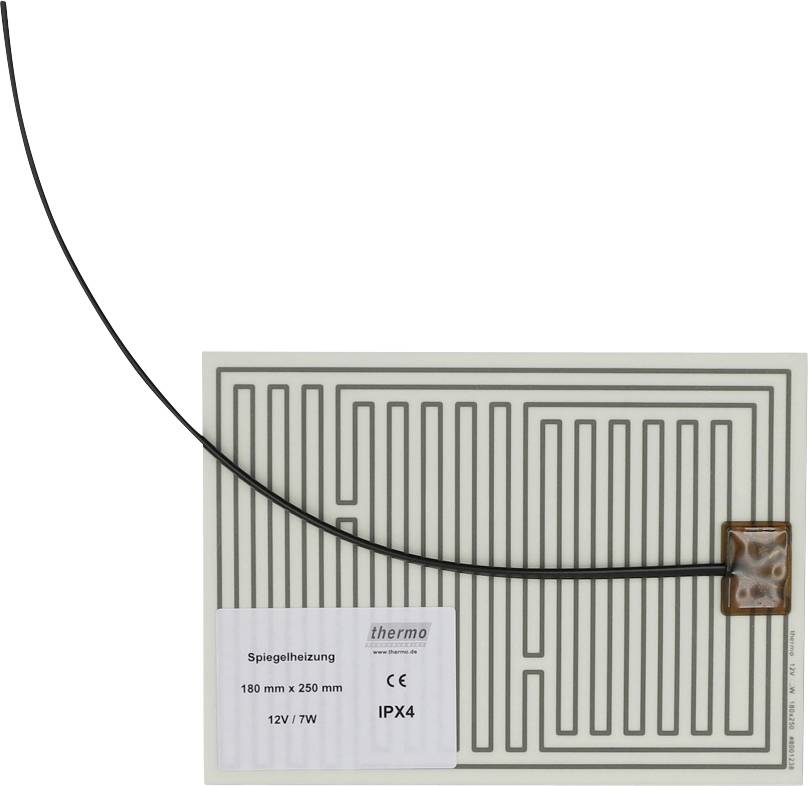 Coussin chauffant miroir flexible 180 mm par 250 mm avec câble d'alimentation attaché et étiquette indiquant 12V 7W, IPX4.