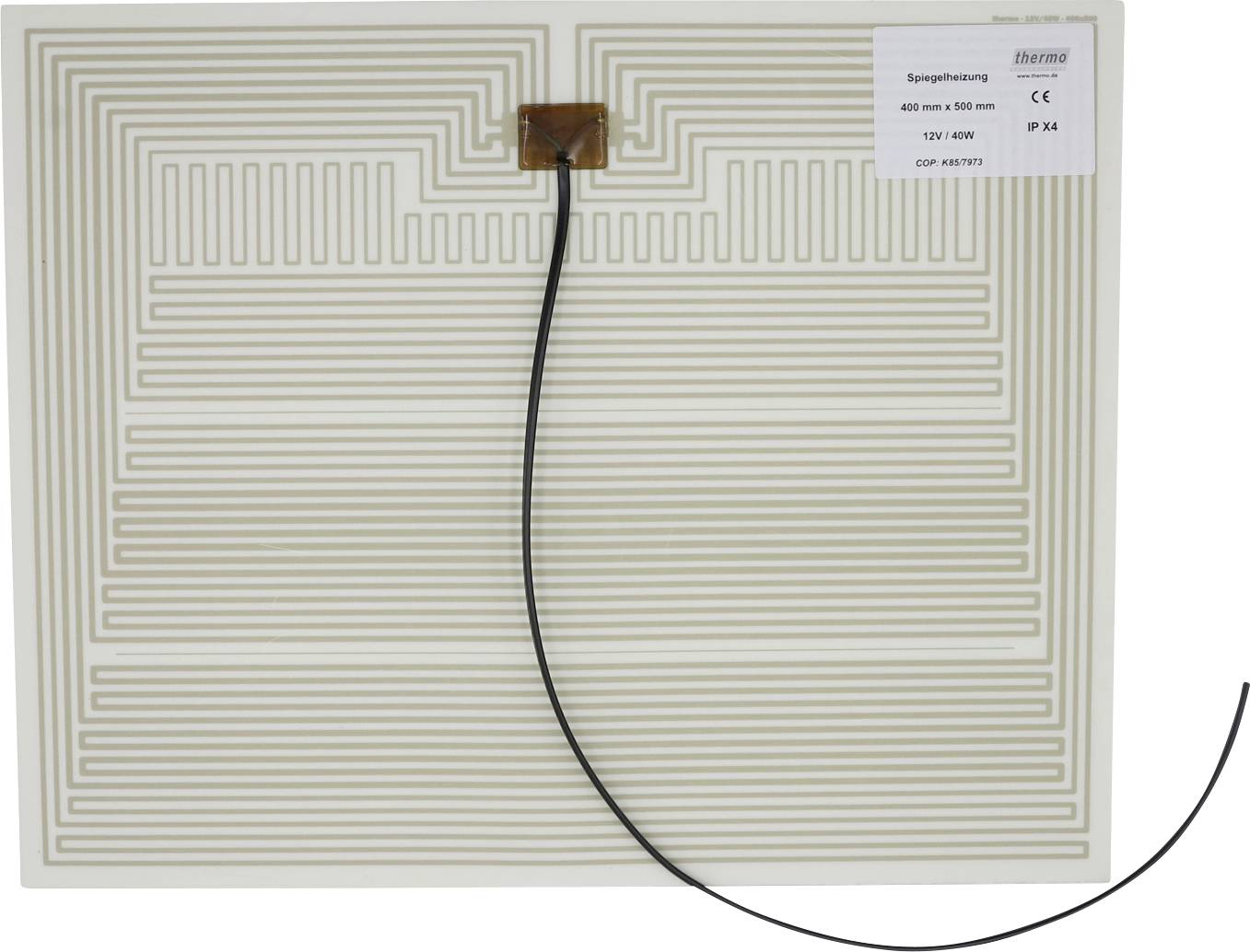 Tapis chauffant carré avec un motif de fil serpentin en spirale et un câble d'alimentation noir raccordé ; l'étiquette en haut à droite indique « thermo » et « IPX4 ».