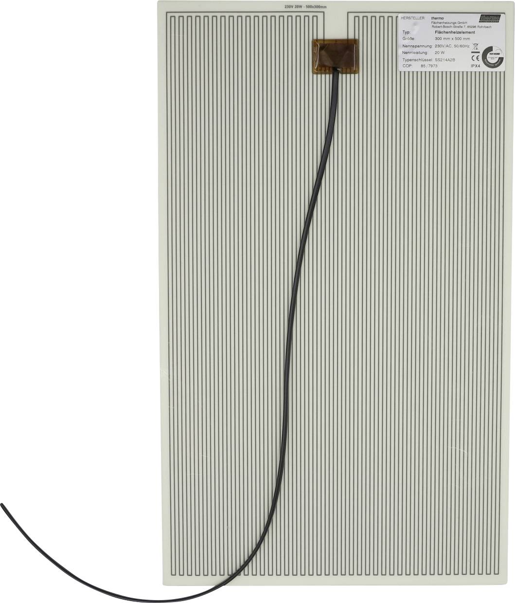 Un élément de chauffage rectangulaire transparent avec des lignes conductrices verticales denses et un cordon d'alimentation noir fixé près du haut.
