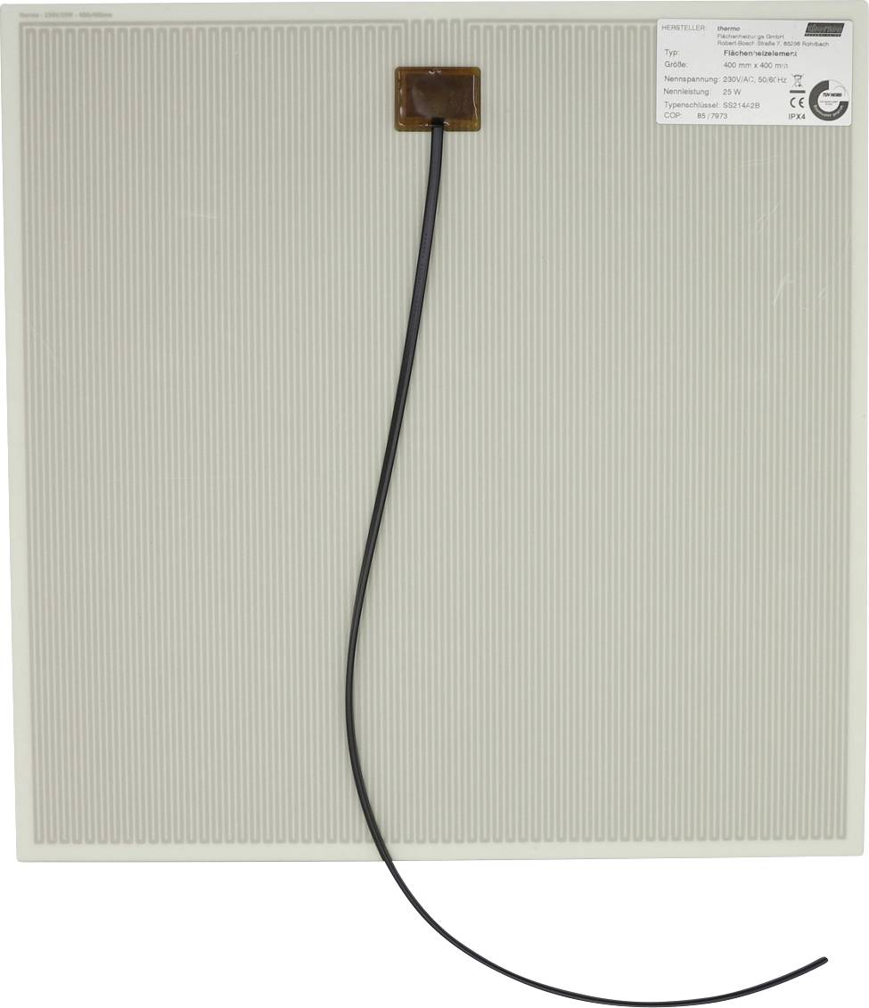 Antenne plate rectangulaire avec un câble noir fixé près du haut et une petite étiquette de produit dans le coin supérieur droit.