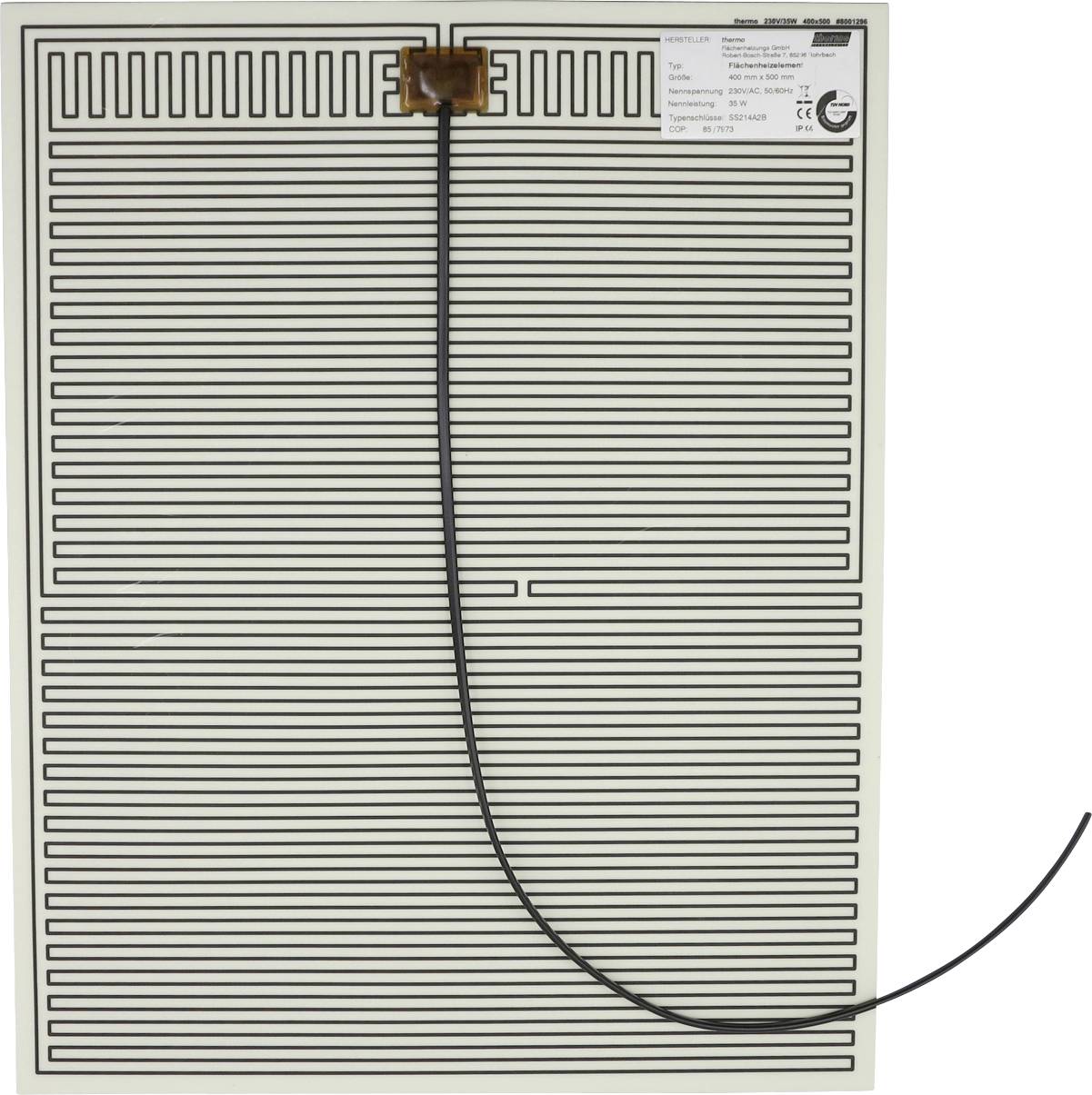 Un tapis chauffant imprimé flexible avec un câble noir connecté et une étiquette dans le coin supérieur droit.
