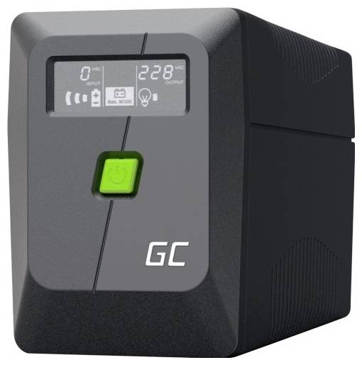 Bloc d'alimentation sans interruption GC noir avec bouton d'alimentation vert et écran affichant 0 volts en entrée et 228 volts en sortie.