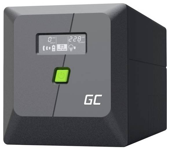 Unité de secours batterie UPS Black GC avec petit écran LCD affichant l'état et un bouton d'alimentation vert sur le devant