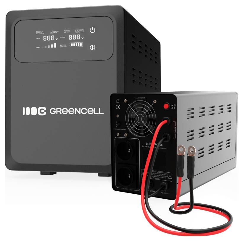 Unité de secours d'alimentation par batterie Greencell UPS noire avec affichage numérique frontal, icônes d'alimentation et de sourdine, et indicateurs de batterie/charge.