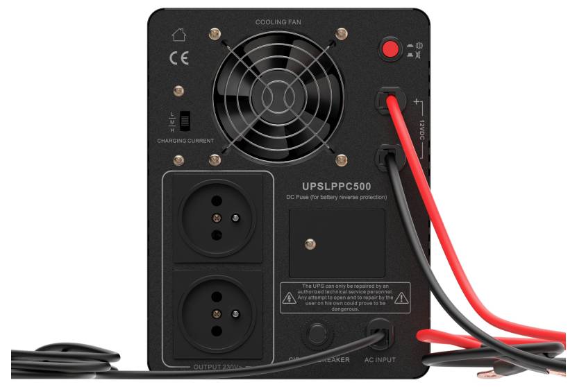 Rear view of a UPS unit with cooling fan, power switch, two output outlets, and connected red and black battery cables.