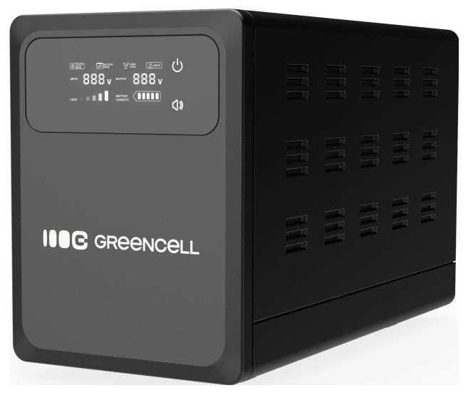 Alimentation sans interruption Black Greencell avec affichage numérique affichant l'entrée, la sortie, le niveau de batterie, les icônes d'alimentation et de sourdine.