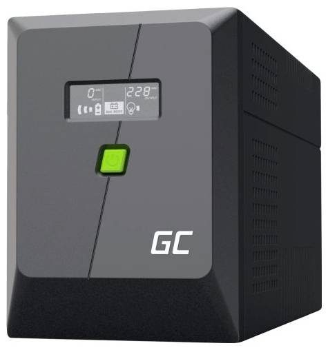 Alimentation sans interruption GC noire avec affichage numérique et bouton d'alimentation vert, présentée en vue trois-quarts sur fond blanc
