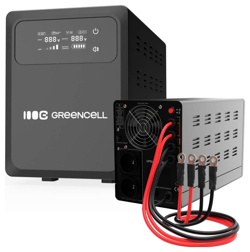 Bloc d'alimentation sans interruption Black Greencell avec écran frontal affichant la tension d'entrée/sortie, le niveau de batterie et les icônes d'alimentation.