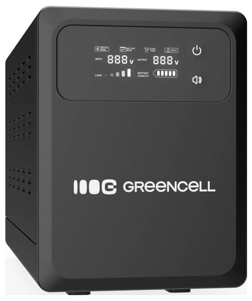 Unité de batterie de secours UPS Black Greencell avec affichage frontal affichant la tension d'entrée/sortie, les barres de charge, le niveau de batterie et les icônes d'alimentation et de sourdine.