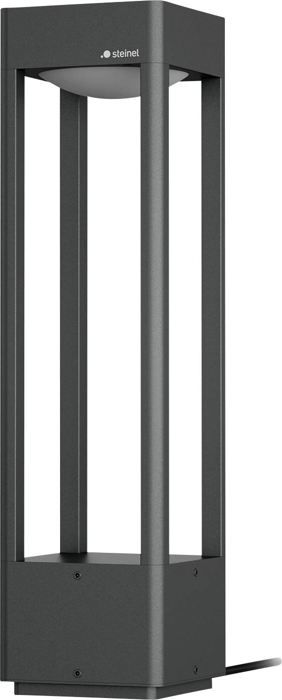Lampadaire noir extérieur élancé au design cadre ouvert moderne avec un logo « steinel » visible près du sommet.