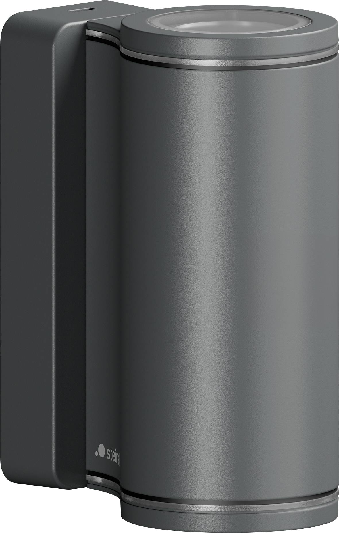 Un appareil ou capteur métallique cylindrique monté sur le mur avec un support latéral foncé, montré en gros plan sur un fond uni.