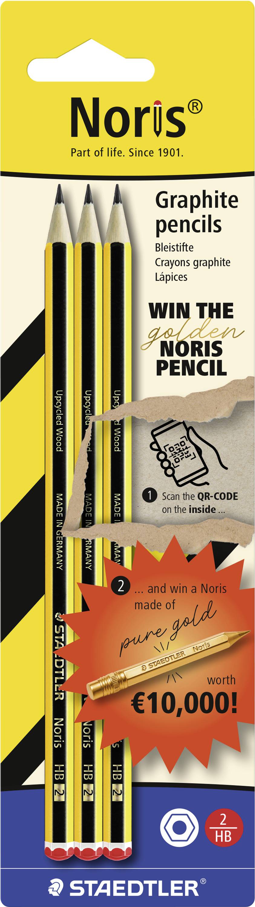 Affiche promotionnelle pour les crayons à mine graphite Noris de STAEDTLER, montrant des crayons et une main dessinant, avec le texte « Gagnez le crayon Noris doré » et le prix de « 10 000 € ».