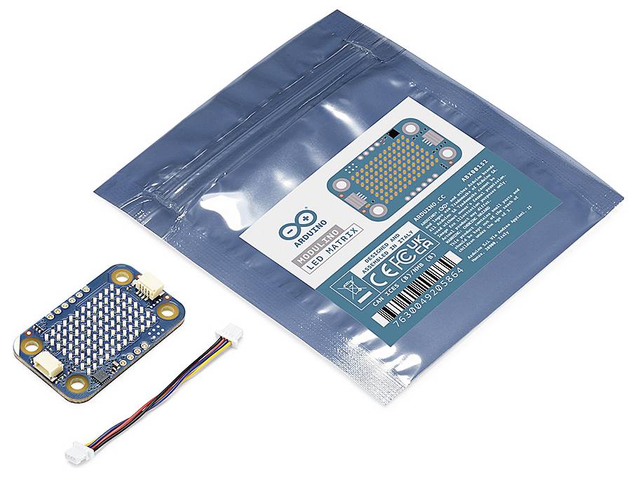 Sac antistatique bleu avec étiquette pour la carte contrôleur « NeoPixel LED Matrix », montré avec la petite carte matrice LED et le câble de connexion à côté.