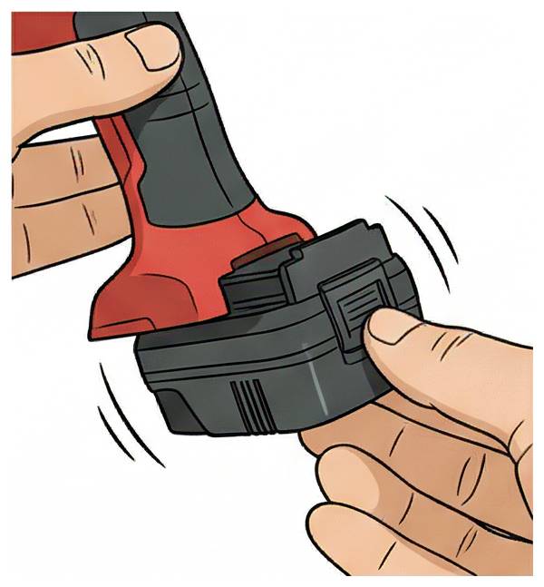 Les mains attachent un bloc-batterie noir à une poignée d'outil électrique rouge, montrant l'insertion de la batterie en place.