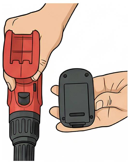Les mains retirent et fixent un bloc de batterie noir sur une perceuse sans fil rouge, montrant la source d'alimentation amovible de l'outil.