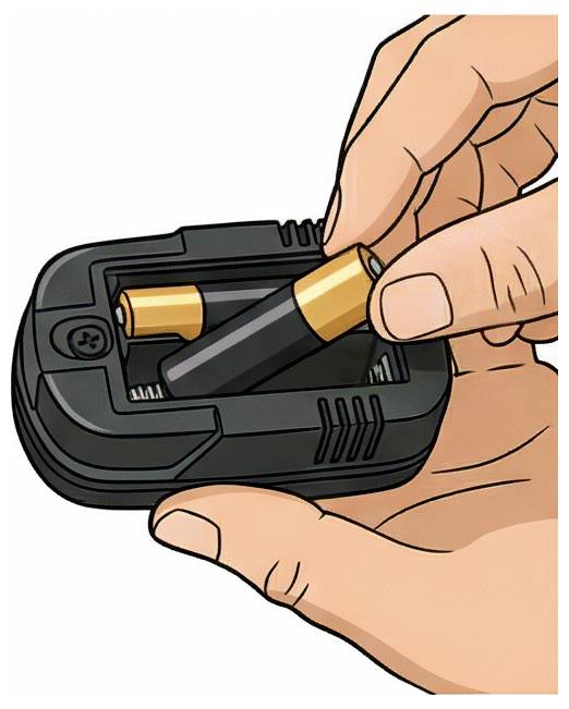 Une main place une pile AA dans un petit chargeur de batterie noir ou un compartiment.