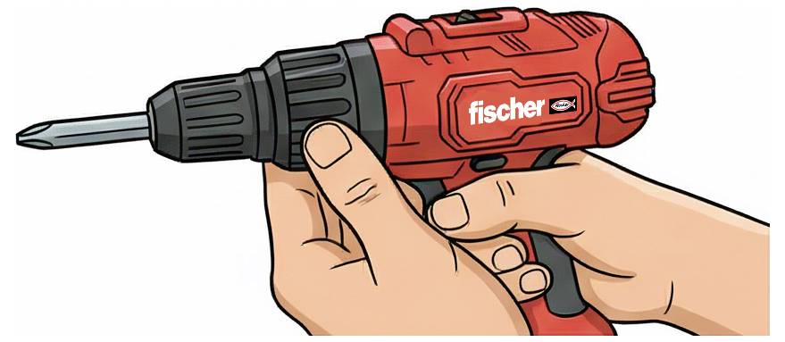 Des mains tenant un tournevis électrique Fischer rouge avec un foret attaché, prêt à être utilisé.