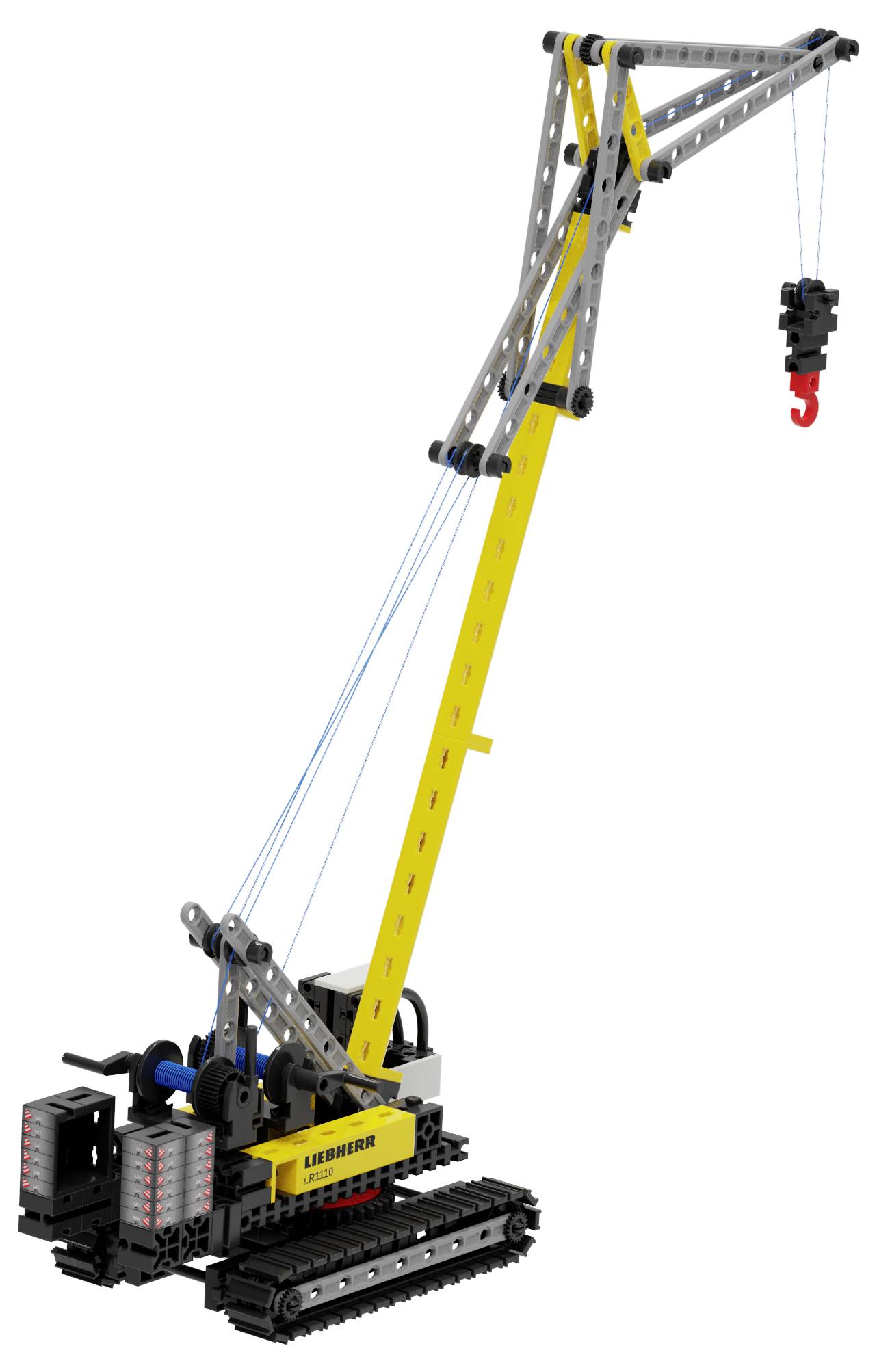Une grue à chenilles de style LEGO avec une grande flèche jaune et un crochet rouge suspendu, présentée sur un fond blanc.