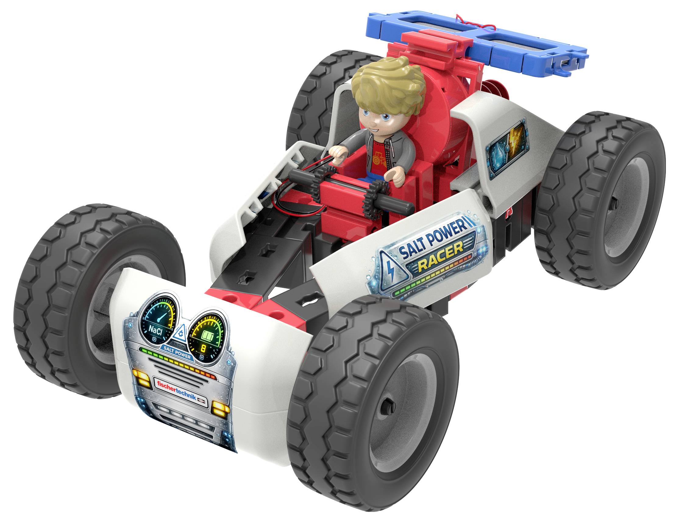 Voiture de course tout-terrain jouet avec une figurine de conducteur, de grands pneus et une marque « Salt Powered Racer », présentée sur un fond blanc.