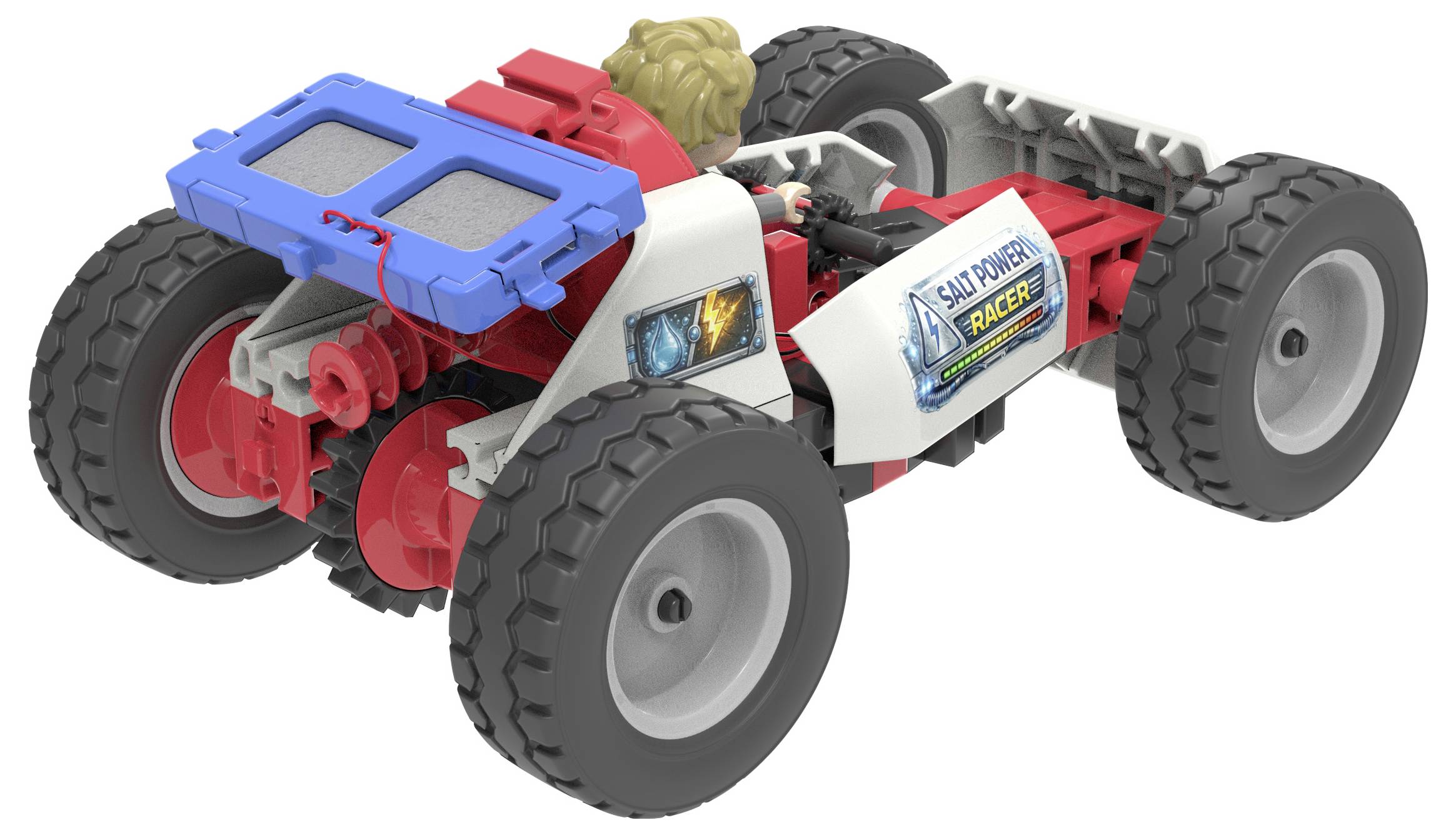 Voiture de course miniature avec des pneus surdimensionnés, carrosserie blanche et rouge, et étiquette « Salt Water Racer » sur le côté