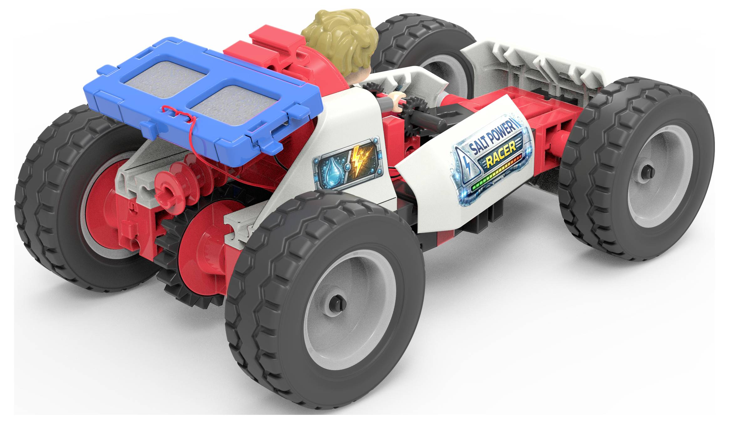 Voiture de course tout-terrain miniature avec des pneus surdimensionnés, carrosserie rouge et blanche, aileron arrière bleu, et autocollant « Salty Pup Racer » sur le côté.