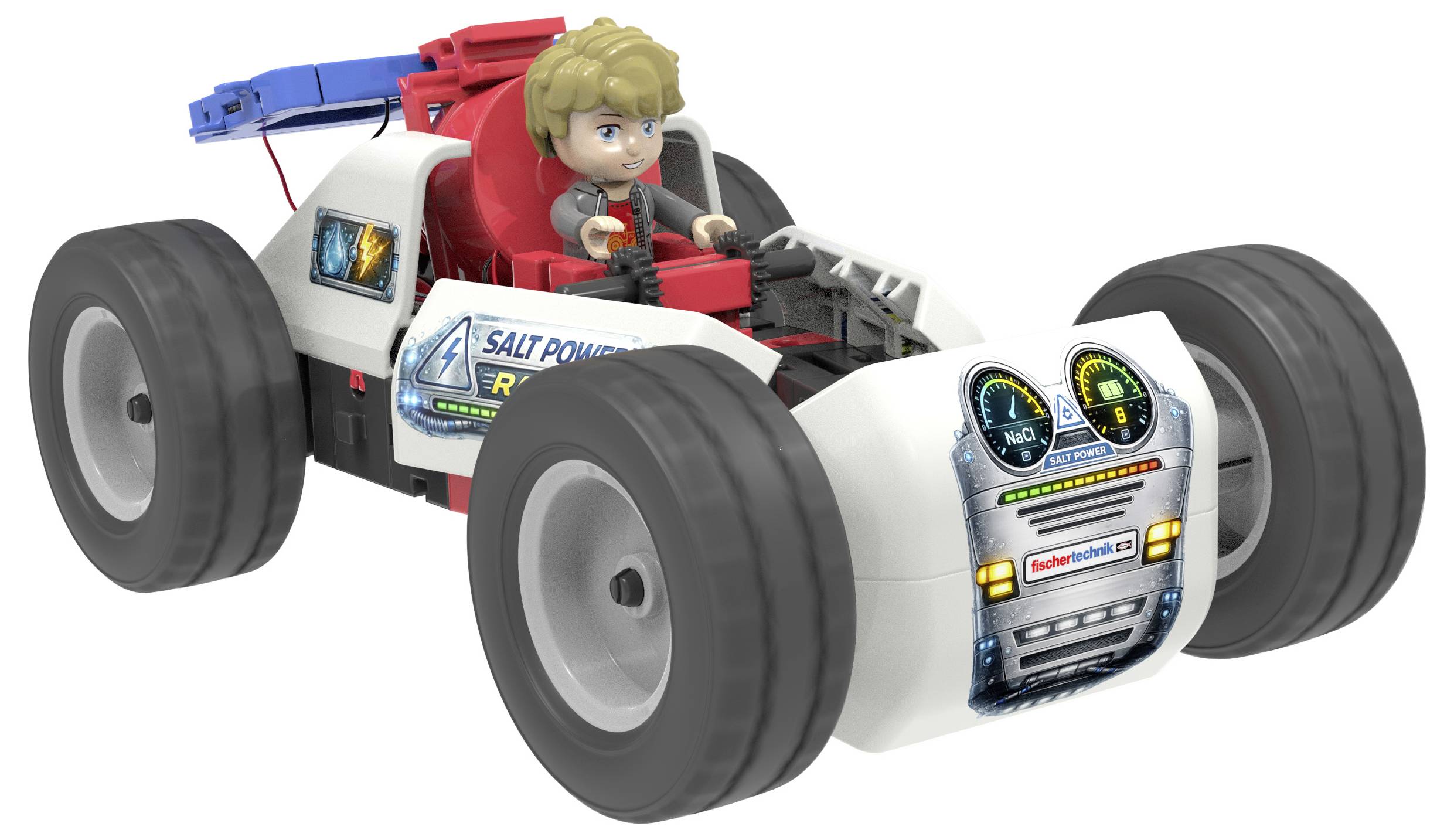 Voiture de course jouet avec une figurine de conducteur blond, des roues surdimensionnées et des détails de toit bleu et rouge, présentée sur un fond blanc.