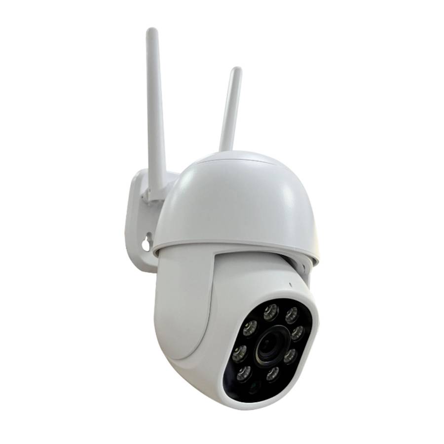 Caméra de sécurité extérieure blanche avec deux antennes et une baie de lentilles noires, présentée sur un fond blanc uni.