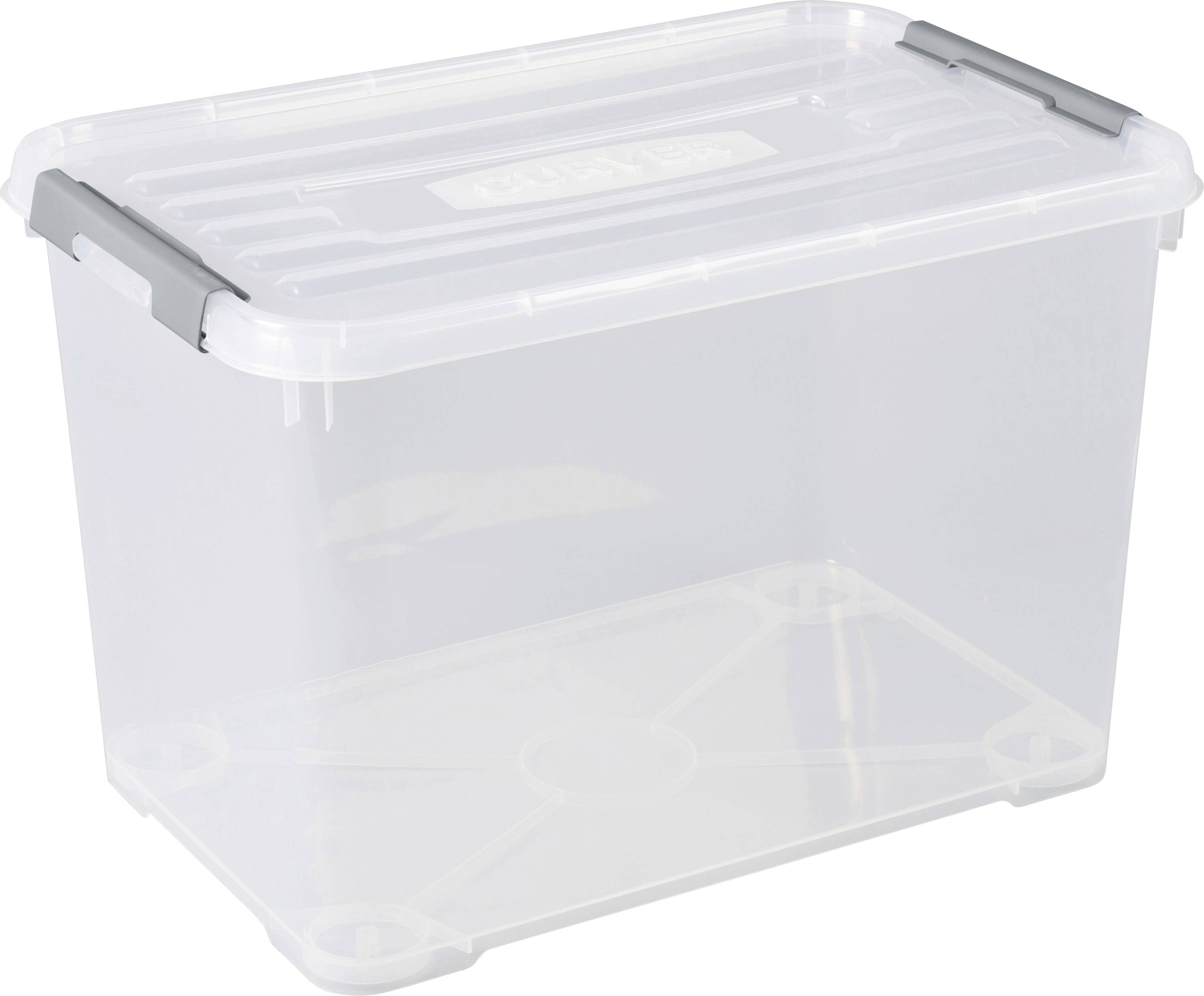 Bac de rangement en plastique transparent avec un couvercle ajusté et des loquets gris, montré vide sur un fond blanc.