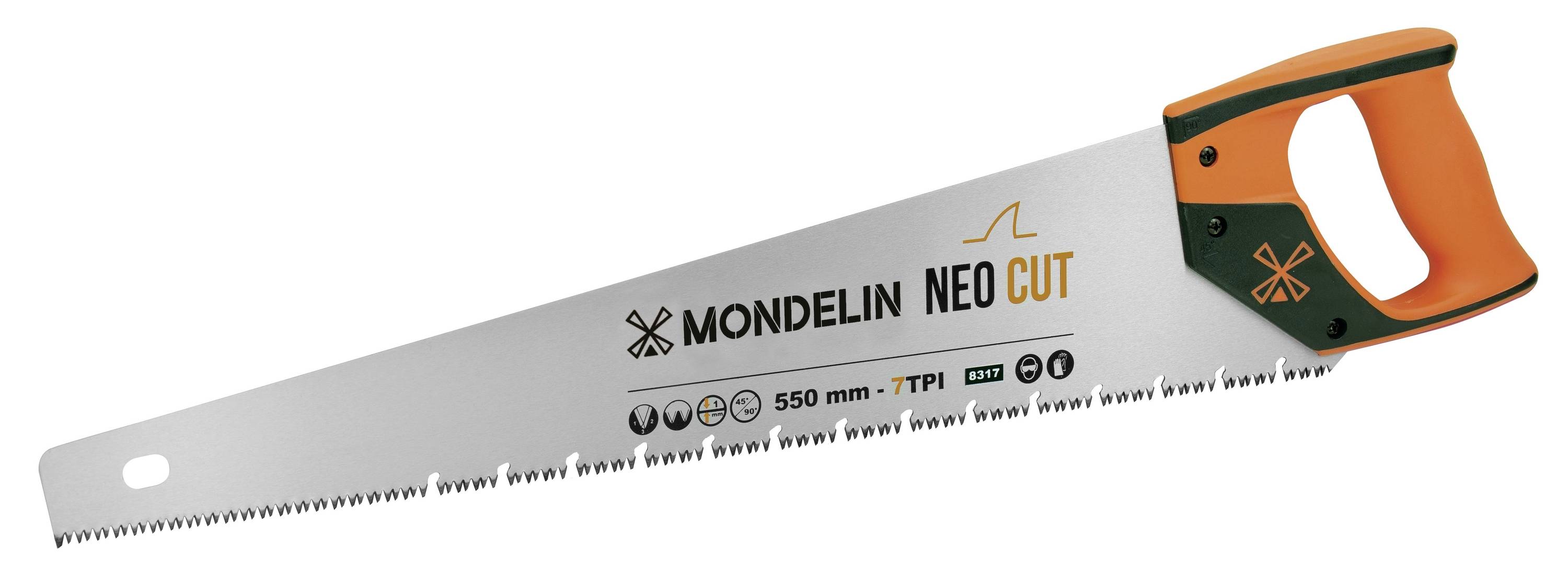 Scie à main Mondelein NEO CUT avec poignée orange et lame de 550 mm, présentée sur un fond blanc.