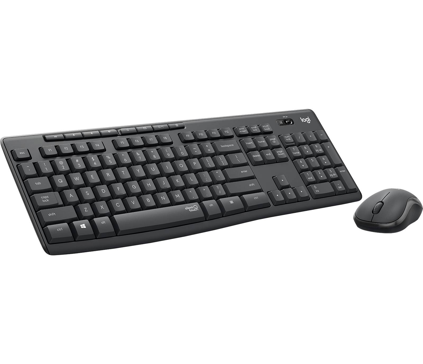 Clavier sans fil et souris Logitech noirs sur un fond blanc.
