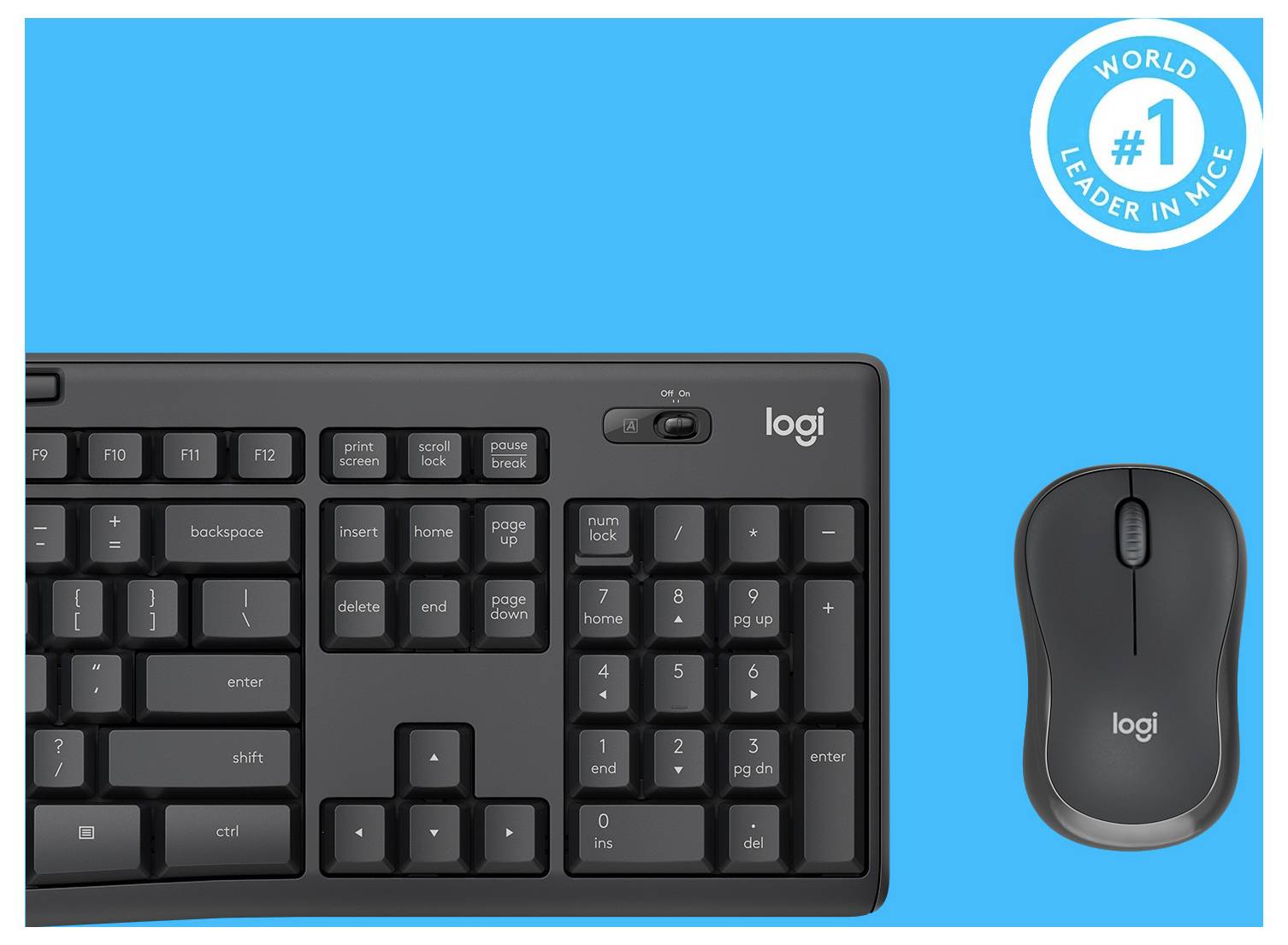 Black Logitech keyboard and mouse on a bright blue background with a 'World #1 Leader in Mice' badge in the top right.