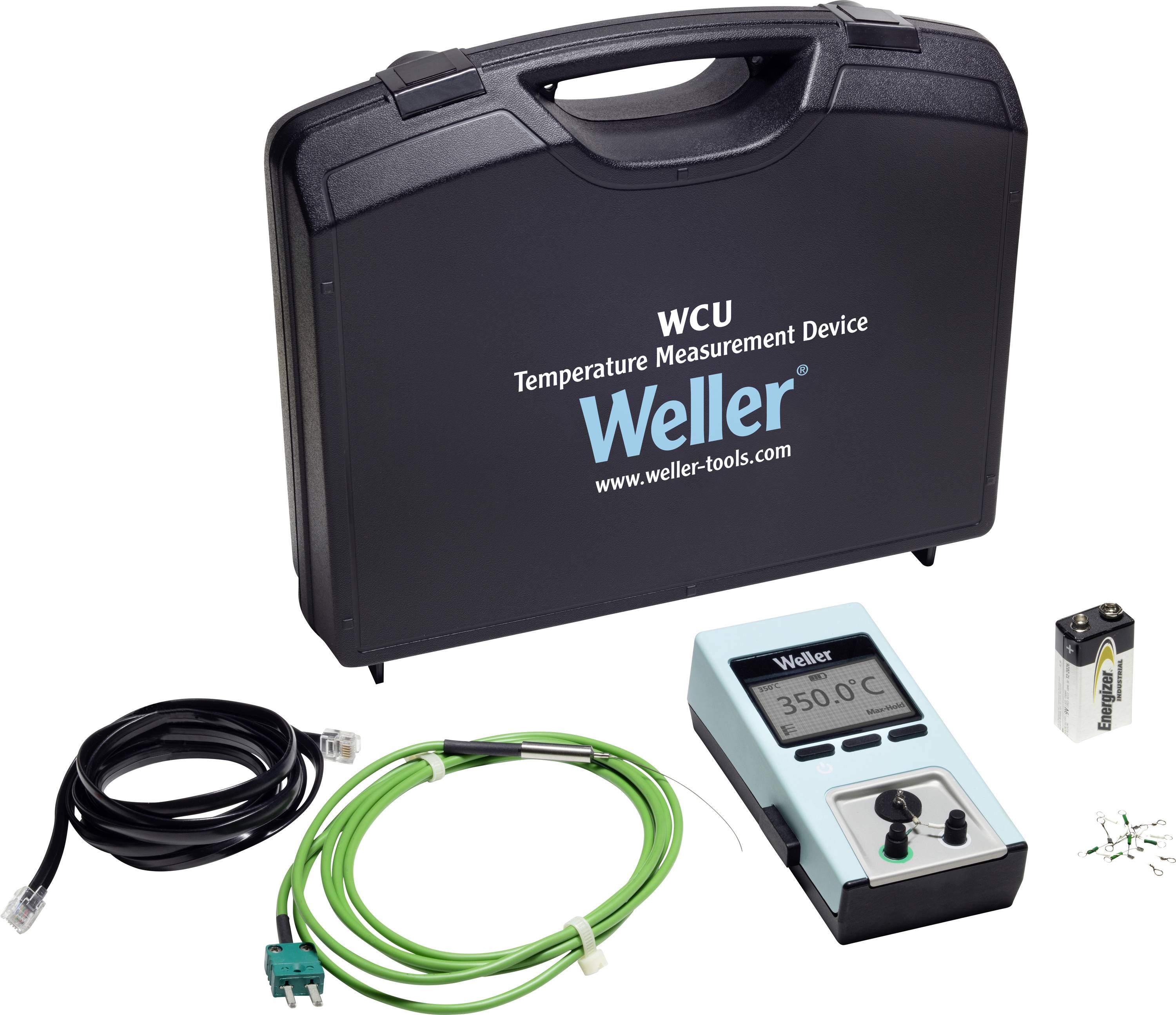 Kit de mesure de température Weller WCU dans un étui de transport avec multimètre numérique, câbles de capteur et batterie sur fond blanc.