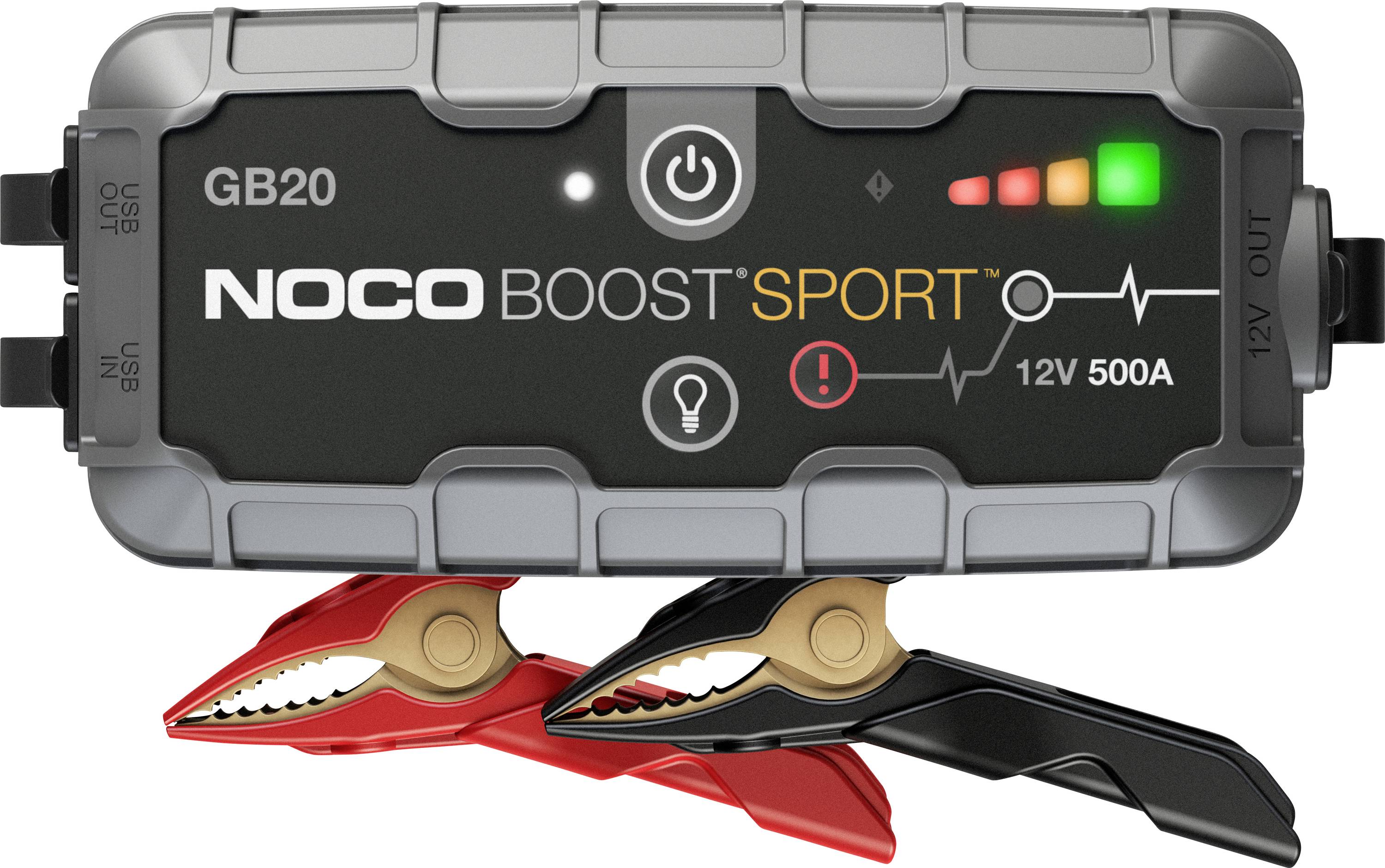 Pack de démarreur NOCO Boost Sport GB20 avec deux pinces, rouge et noir, étiqueté 12V 500A.