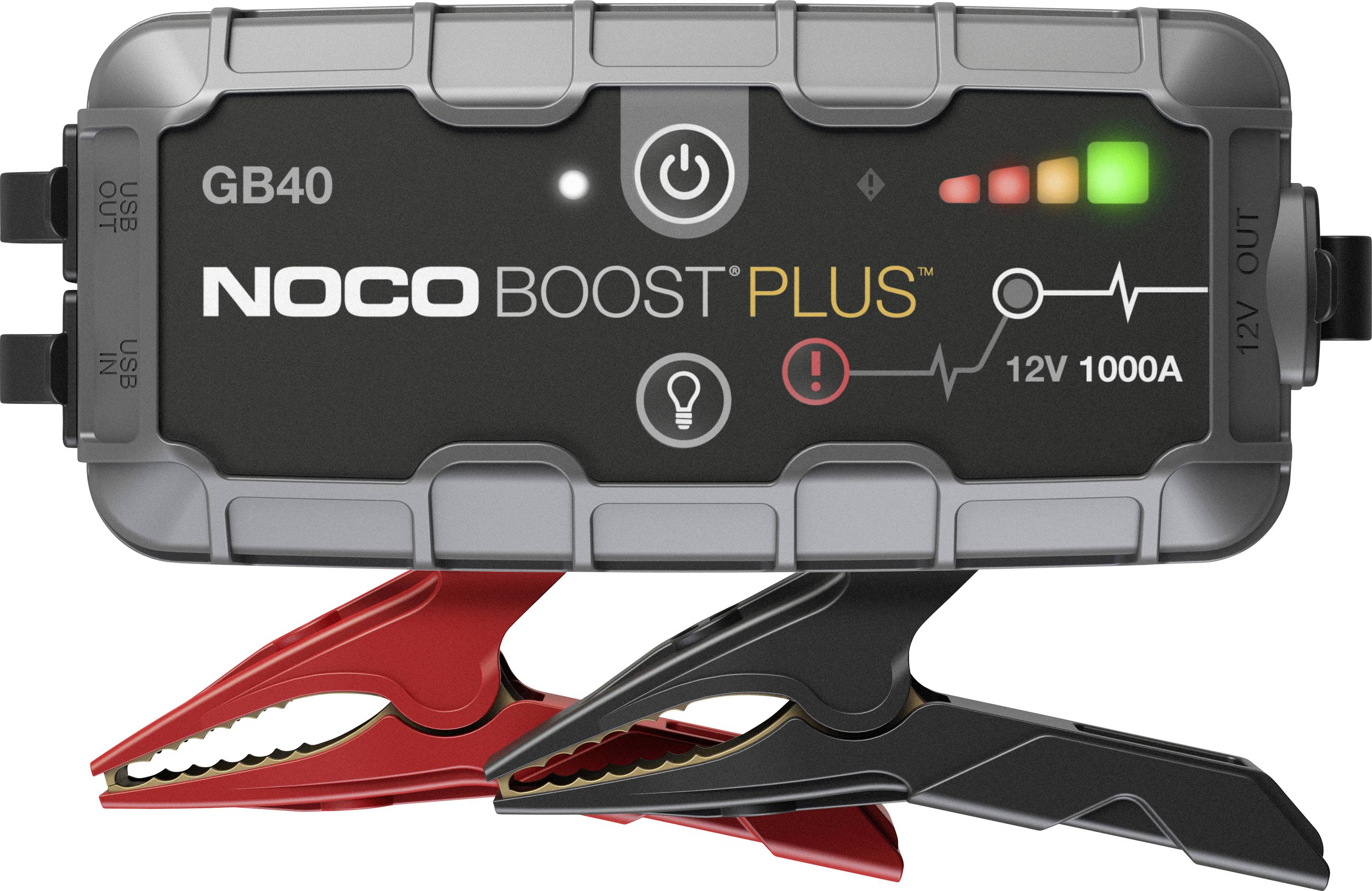 Démarreur portable NOCO Boost Plus GB40 pour voiture avec pinces de batterie rouges et noires, voyants indicateurs et étiquette 12V 1000A