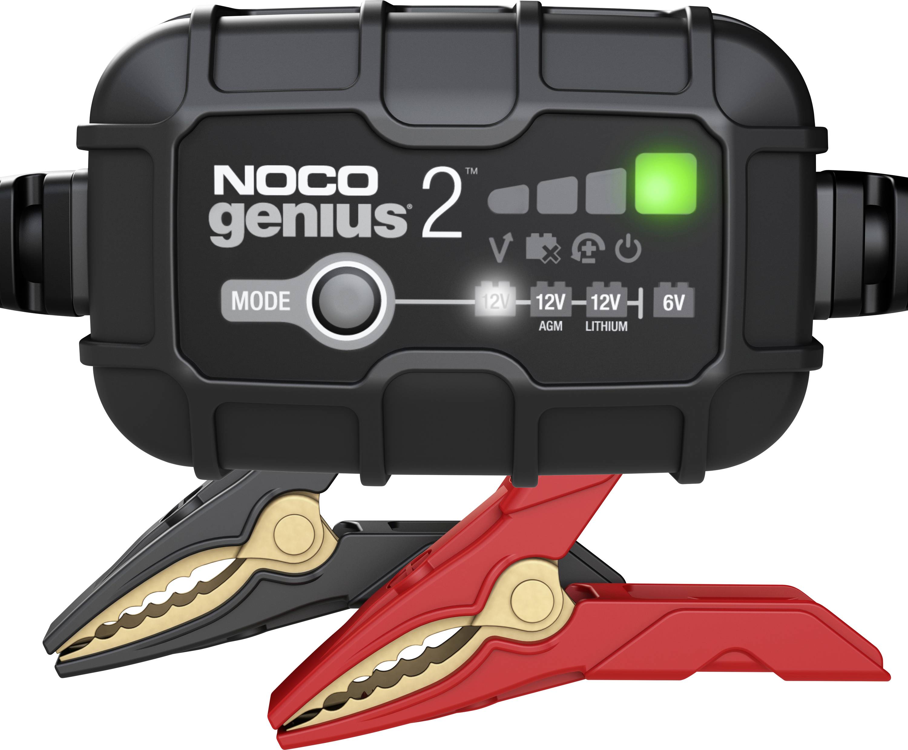 Chargeur de batterie NOCO Genius 2 avec deux pinces de démarrage, affichant des voyants d'état de charge et des modes sélectionnables pour batteries 6V et 12V.