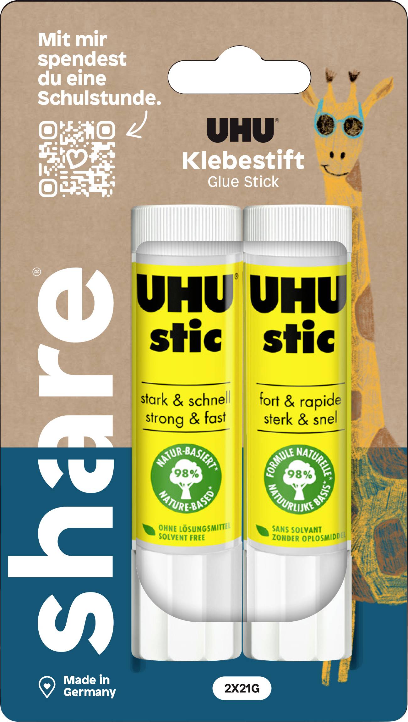 Bâton de colle UHU avec deux bâtons jaunes, 'Klebestift', code QR et texte allemand promouvant les fournitures scolaires et fabriqué en Allemagne.