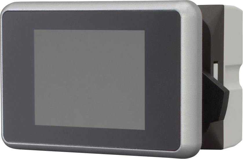 Un petit écran électronique rectangulaire ou panneau de commande avec un écran vierge, montré en vue de profil sur un fond blanc.