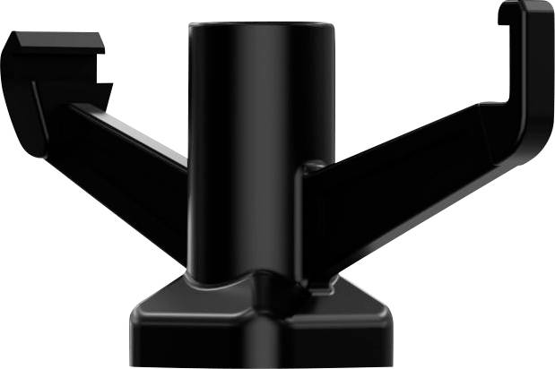 Support de montage en plastique noir avec un poteau cylindrique central et deux bras/crochets latéraux inclinés sur un fond blanc.
