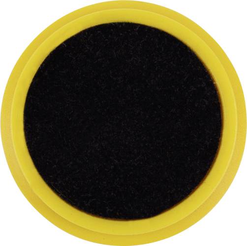 Bouton ou capuchon circulaire noir avec une bordure jaune centrés sur un fond clair.