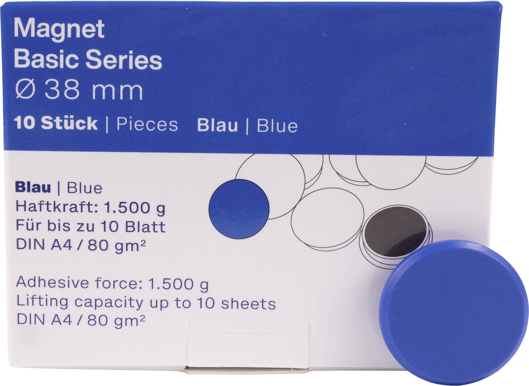 Boîte d'ensemble d'aimants bleus portant l'étiquette « Magnet Basic Series Ø 38 mm », 10 pièces, avec un aimant bleu à l'avant.