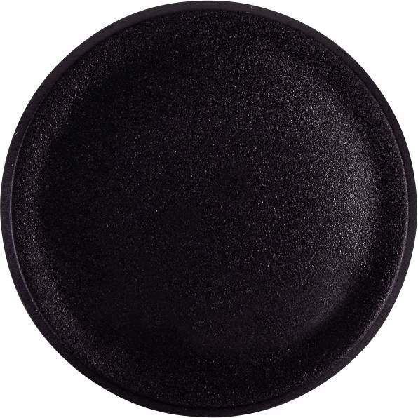 Un seul bouton rond noir ou disque centré sur un fond blanc uni.