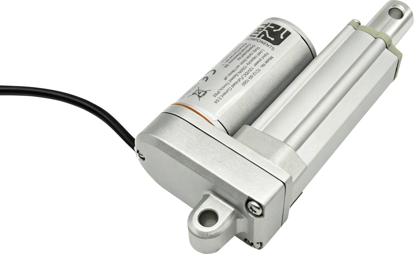 Actionneur linéaire électrique argenté avec câble attaché, présenté sur fond blanc.