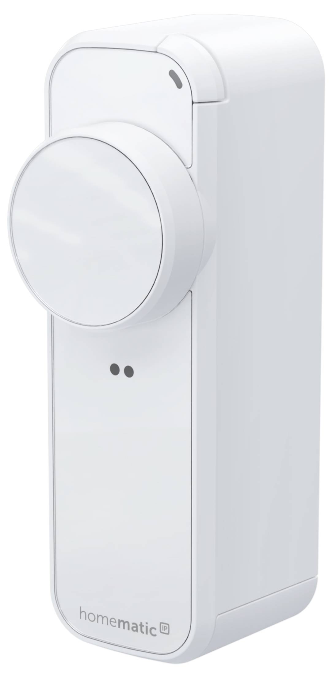 White smart home device with a large circular control dial and two indicator lights, labeled 'homematic' at the bottom.