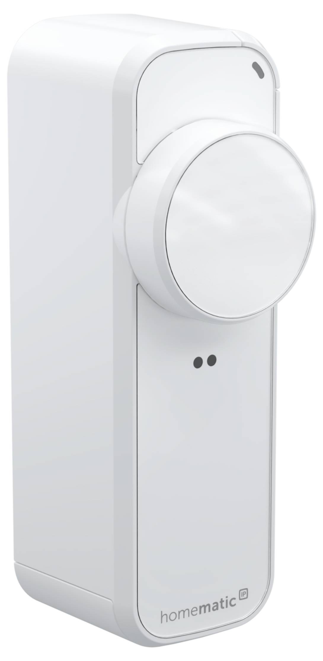 White Homematic radiator thermostat with a large round control dial and two small indicator dots on the front.