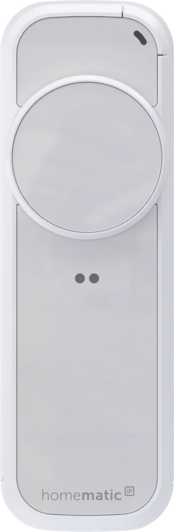 Thermostat mural Homematic blanc ou dispositif de contrôle avec un grand cadran circulaire et deux petits points indicateurs sur un fond neutre.