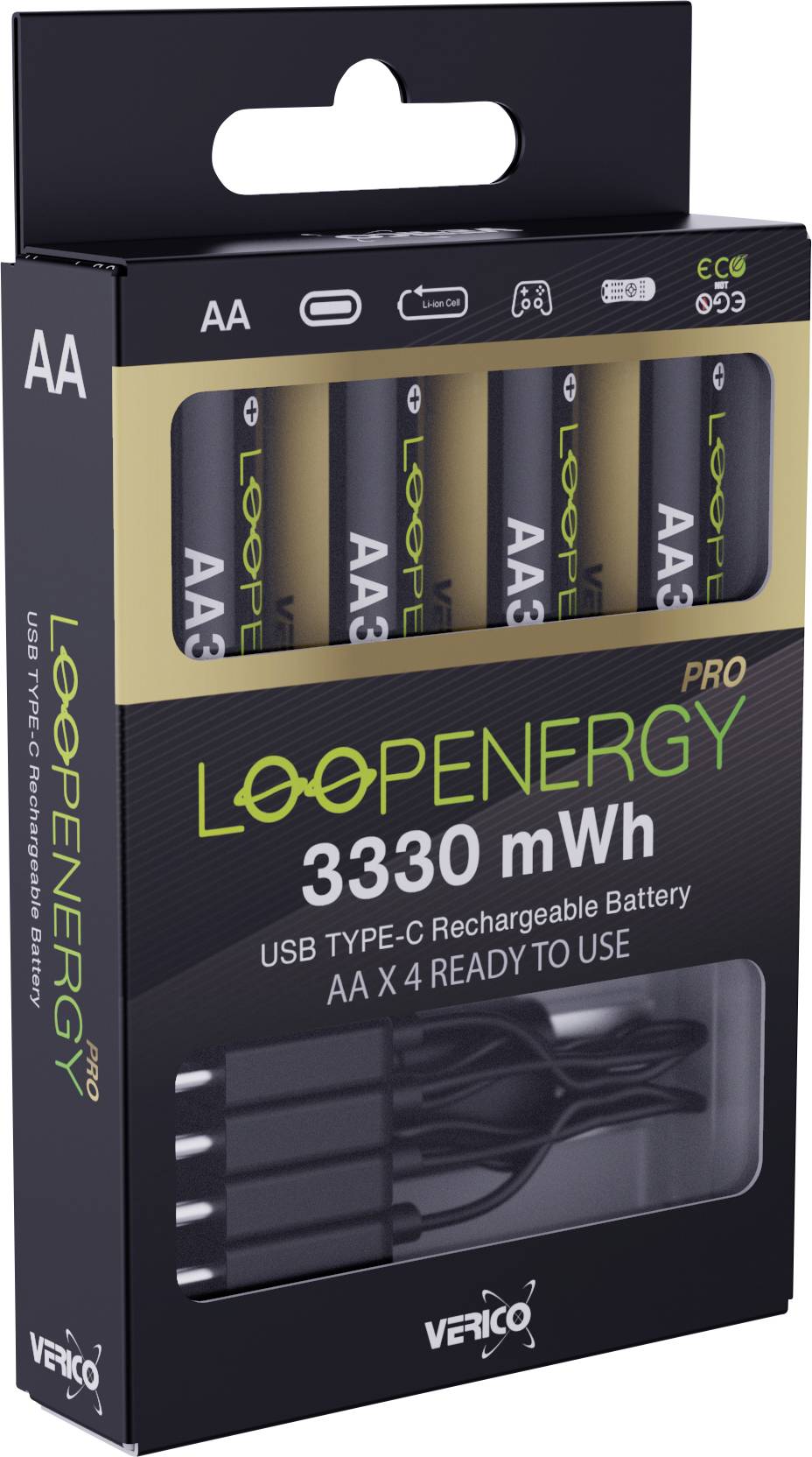 Paquet de quatre batteries rechargeables LoopEnergy Pro AA, 3330 mWh, USB Type-C avec câble de charge visible à travers la fenêtre de la boîte.